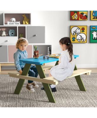 Kids Wooden Picnic Table Set Toddler Activity and Dining Table with Built-in Benches