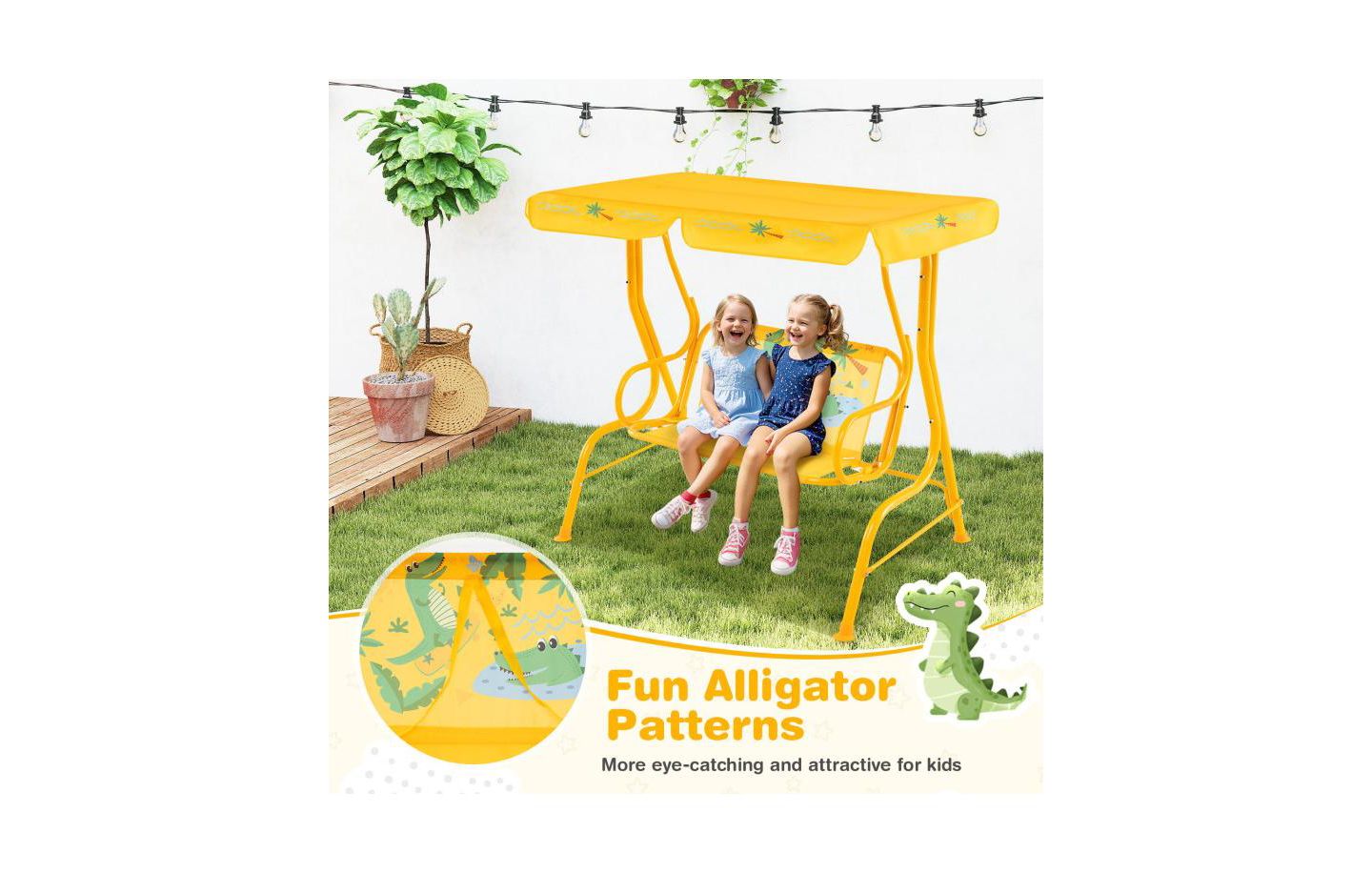 Детская игрушка HONGGE 2-Seater Metal Stand Kids Patio Swing with Adjustable Canopy, Up to 180 lbs, Ages 3+, цвет: Жёлтый — фото 7