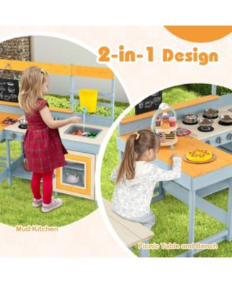 Fir Wood Play Kitchen with Picnic Table and Built-in Bench for Kids