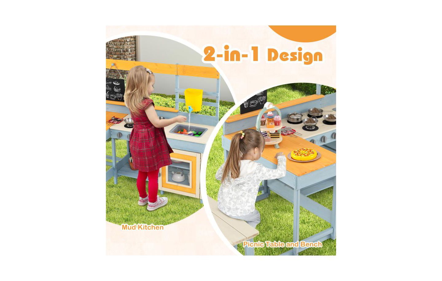 Детская игрушка HONGGE Fir Wood Play Kitchen with Picnic Table and Built-in Bench for Kids, цвет: Серый — фото 8