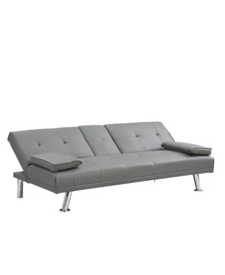Convertible Loveseat Futon Sofa Bed, Reversible Sleeper Daybed with Dual Cup Holders, Wood Frame and Stainless Steel Legs for Living Room