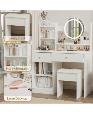 Vanity Desk with Mirror and Lights for Makeup, Dressing Table Set with Cushioned Chair, 2 Drawer and 1 Storage Cabinet for Bedroom