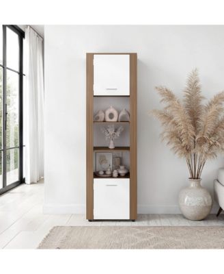 Kasaan Bookcase with Upper and Lower Doors, Open Display Shelves and Vertical Storage Design