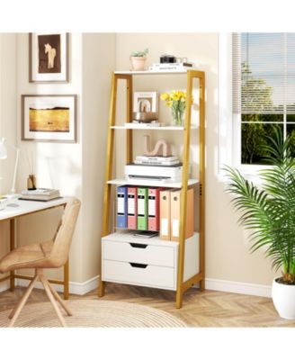 Tall 4 Tier Ladder Shelf Bookcase with 2 Drawers Storage Organizer