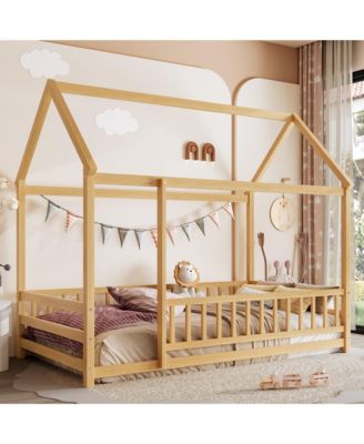 Wooden Floor Bed With House Roof Frame And Fence Guardrails For Kids