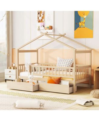 Wooden House Bed Two Drawers