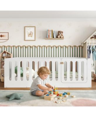 Twin Size Floor Bed, Solid Wood Kids Bed Frame with High Fence and Door, Modern Low-Profile Design for Boys Girls, No Box Spring Required