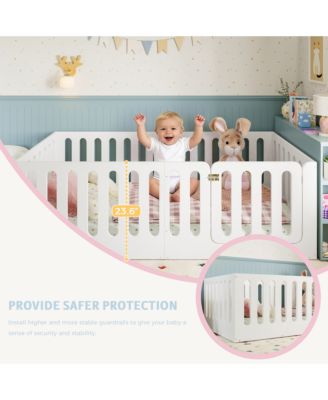 Twin Size Floor Bed, Solid Wood Kids Bed Frame with High Fence and Door, Modern Low-Profile Design for Boys Girls, No Box Spring Required