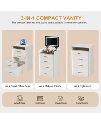 3 in 1 Vanity Desk  - Compact Dressing Table Set with Plip Top LED Mirror, Visible Glass Desktop, Cushioned Tool and 3 Drawers for Bedroom
