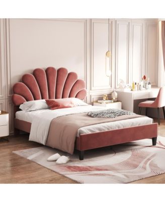 Upholstered Platform Bed Flower Pattern Velvet Headboard Bean Paste Red No Box Spring Needed