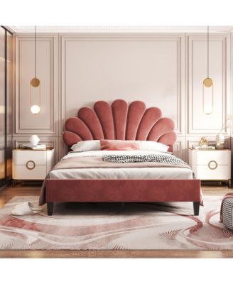 Upholstered Platform Bed Flower Pattern Velvet Headboard Bean Paste Red No Box Spring Needed
