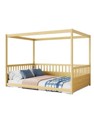 Wooden Canopy Floor Bed With Guardrails Four Poster Design Natural For Kids