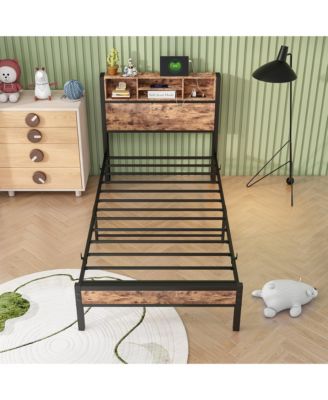 Metal Bed Storage Headboard Charging Station Bookcase