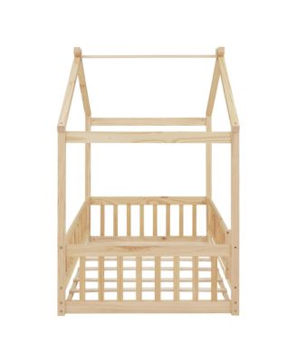 Twin Size Wood House Bed Roof Fence Pine Wood Frame 7 Slats Kids Bedroom
