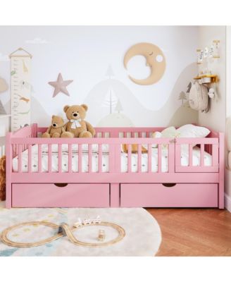 Low Profile Platform Bed Frame, Wooden Bed with Storage Drawers and Full Safety Guardrails for Boys Girls, No Box Spring Required