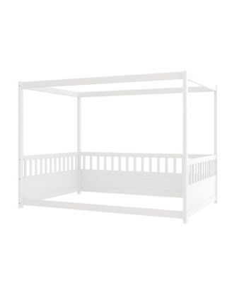Wooden Canopy Floor Bed With Guardrails Four Poster Design For Kids