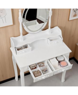 Princess Vanity Desk Set - Wooden Makeup Vanity Table with Mirror, Cushioned Stool and 4 Storage Drawers for Girls Bedroom and Dressing Room