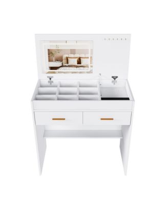 Flip Top Vanity Desk, Makeup Vanity Table with  LED Lighted Mirror, Built-in Outlet, 2 Drawers, Open Storage and Hooks for Jewelry