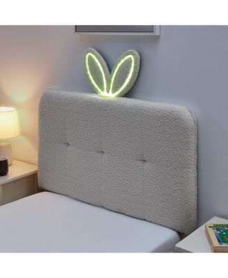 Twin Size Upholstered Kids Platform Bed, Boucle Fabric Bed Frame with 4 Storage Drawers, LED Lighting and Rabbit Ear Headboard for Boys Girls