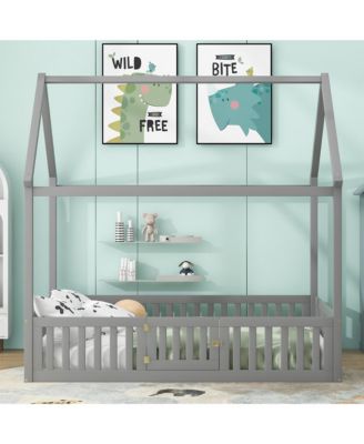 Wood House Bed With Fence Door Gray Distressed Washed Pine Wood MDF