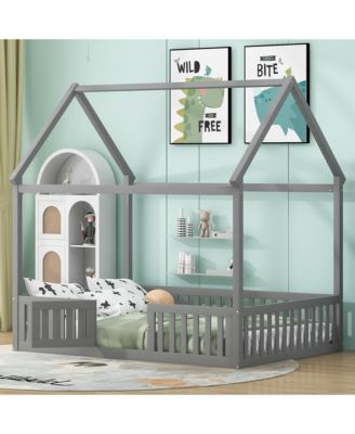 Wood House Bed With Fence Door Gray Distressed Washed Pine Wood MDF