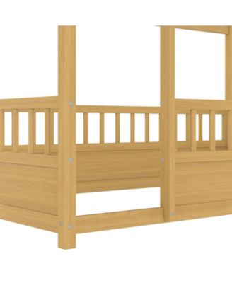 Wooden Floor Bed With House Roof Frame And Fence Guardrails For Kids