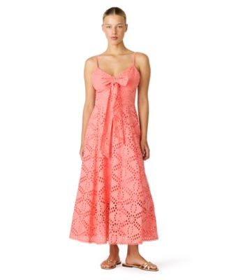 Juniors' Bow Front Eyelet Midi Sweetheart Neck Dress