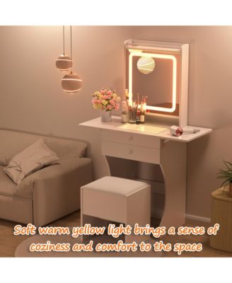 Vanity Set - White Makeup Vanity Table with Stool, Compartmentalized Drawers and Foldable Side Tables, Dressing Table for Bedrooms