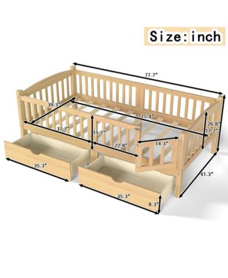 Wood Low Bed Frame, Kids Platform Bed with Storage Drawers and Full-Length Guardrails for Children, No Box Spring Needed