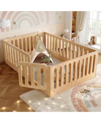 Kids Floor Bed, Solid Wood Frame with High Fence and Door, Low-Profile Montessori Bed for Boys Girls, No Box Spring Needed