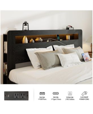 Bed Frame, Wood Platform Bed with Storage LED Light Headboard, 2 USB and Large Under Bed Storage for Bedroom