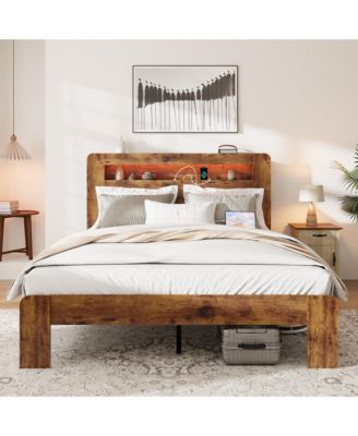 Queen Size Wood Platform Bed Frame with LED Storage Headboard, 2 USB Charging Ports and Large Under-Bed Storage for Bedroom
