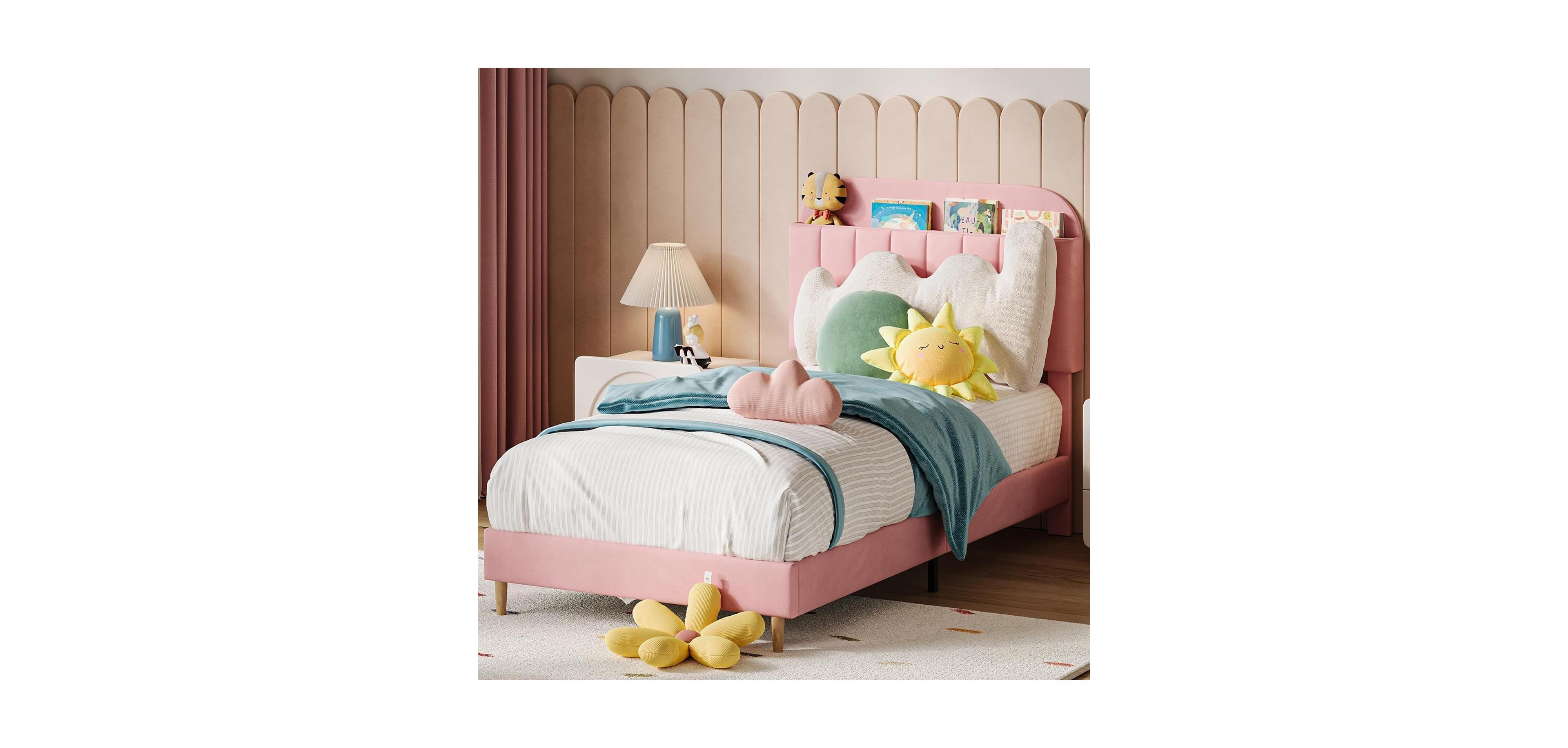 gaomon Twin Bed Frame with Upholstered Storage Headboard & Bookshelf