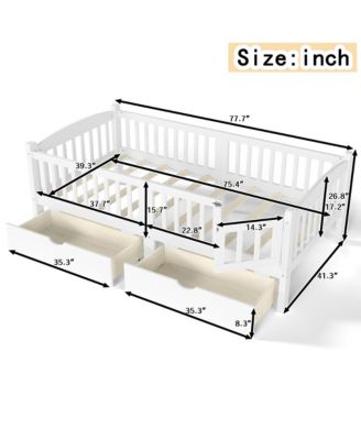 Twin Size Low Bed Frame, Wood Kids Platform Bed with Storage Drawers and Full-length Guardrails for Girls Boys, No Box Spring Needed