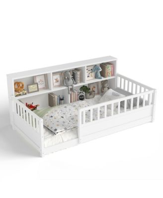 Twin Size Montessori Floor Bed - Low Profile Wooden Bed Frame with Bookcase and Guardrails for Girls, Boys