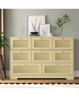 Rattan Dresser with 6 Drawers, Modern Boho Wooden Dresser for Bedroom Storage, Wicker Chest of Drawers with Metal Handles and Solid Wood Legs