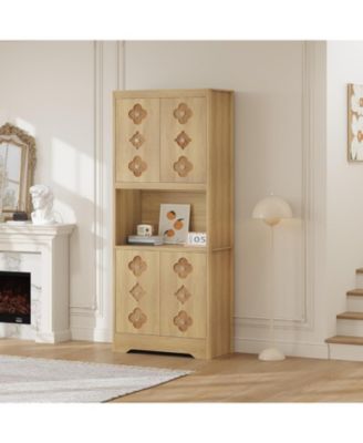 72" Tall Pantry Cabinet with Countertop, Freestanding Kitchen Hutch Storage Cupboard with Carved Door & Crystal Handle