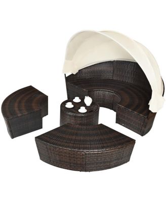 Cushioned Patio Rattan Round Daybed w/ Adjustable Table 3 Pillows Canopy