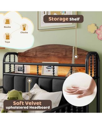 Twin Size Metal Platform Bed with LED Light, Upholstered Storage Headboard and Low Profile Design for Kids Boys Girls