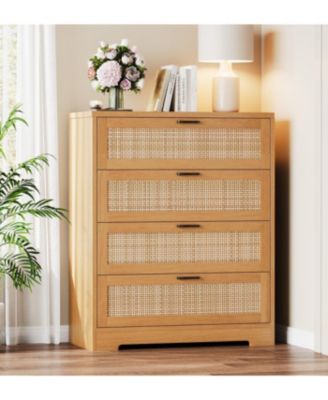 4 Drawer Dresser for Bedroom, Rattan Chest of Dressers, Modern Wood Tall Dresser with Power Outlets