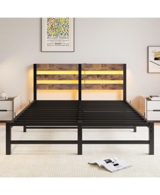Queen Size Metal Bed Wooden Headboard RGB Lights Charger Storage