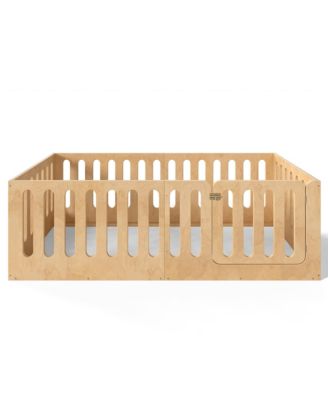 Twin Size Solid Wood Kids Floor Bed Frame, High Safety Fence with Door, Low-Profile Montessori Bed for Boys and Girls, No Box Spring Needed