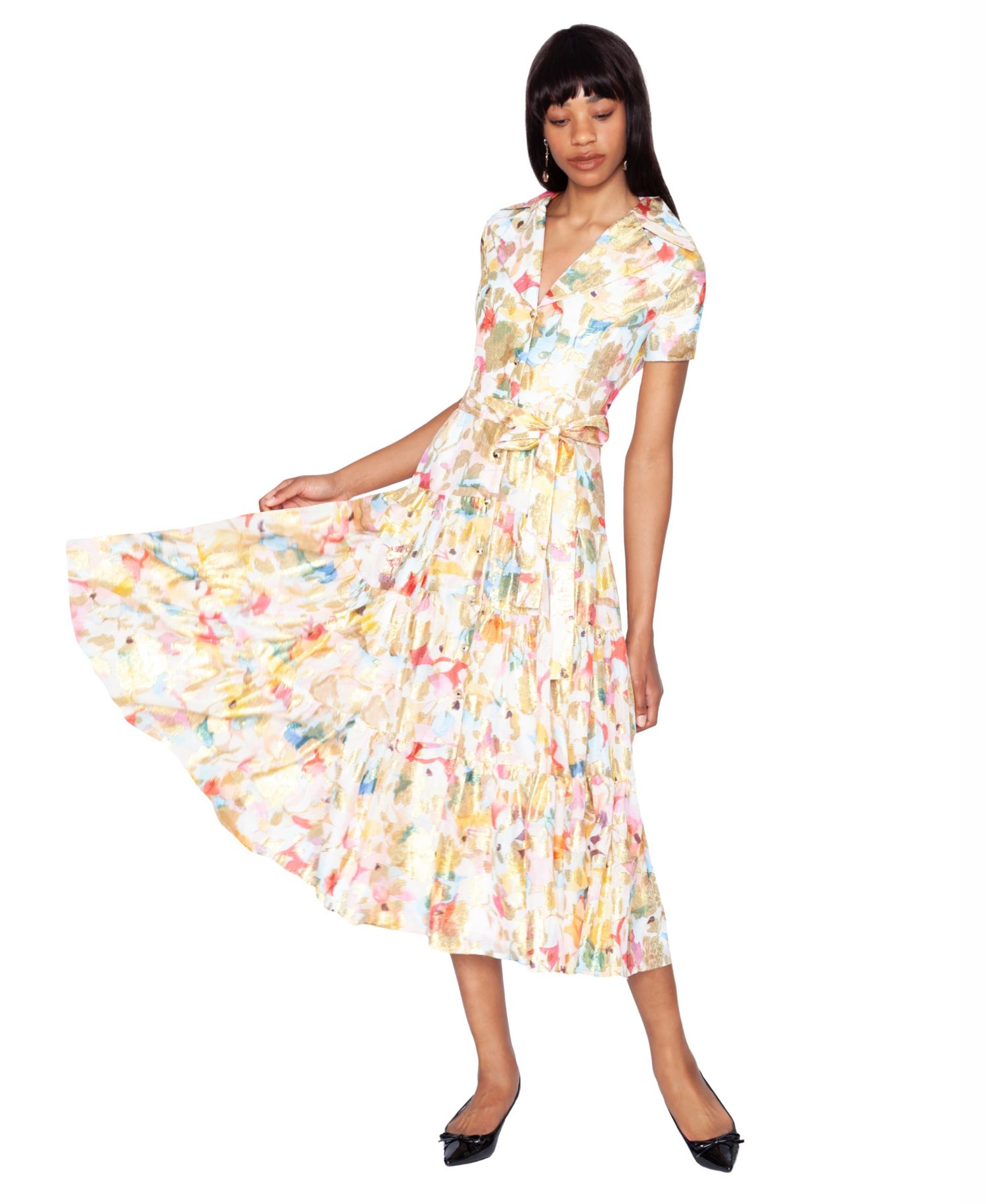 Women's V-Neck Tiered Polyester Midi Shirt Dress