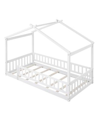 Twin Size Wood House Bed Roof Fence Pine Wood Frame 7 Slats Kids Bedroom