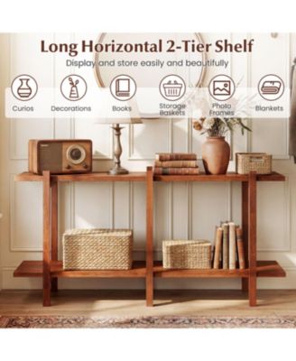 2 Tier Wood Display Bookcase Low Horizontal Shelf