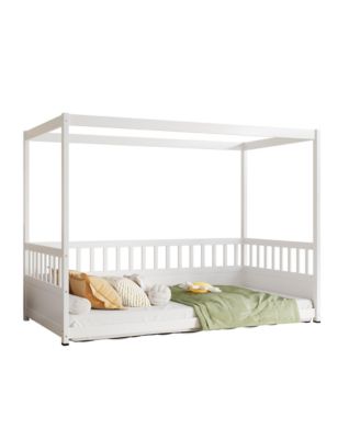 Twin Size Wooden Canopy Floor Bed With Guardrails Four Poster Design For Kids