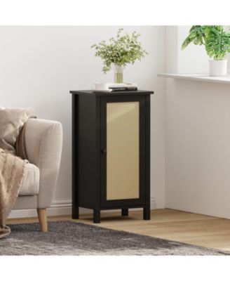 Farmhouse Nightstand with Rattan Door, Accent End Table with Storage - Compact Modern Bedside Table with Wood Legs, Easy Assembly