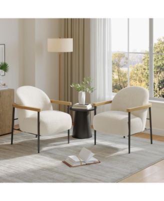 Comfy Chair Set of 2, Modern Accent Chairs with Teddy Fabric, Wood Arms and Metal Frame