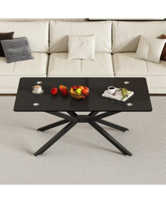 Rectangular Clear Tempered Glass Coffee Table with Adjustable Feet and Metal Legs for Living Room