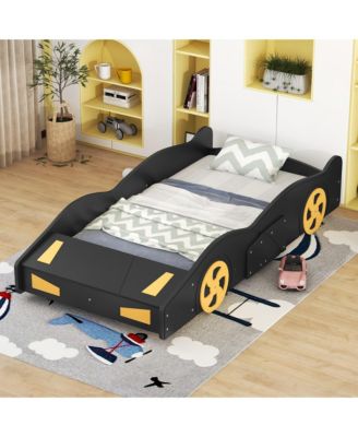 Twin Size Race Car Bed With Wheels Storage Pine Wood MDF No Box Spring